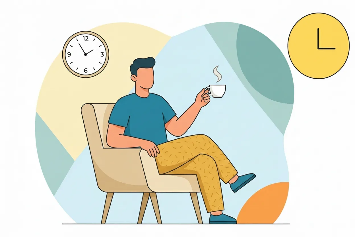 Illustration of a person working calmly with coffee and clocks
